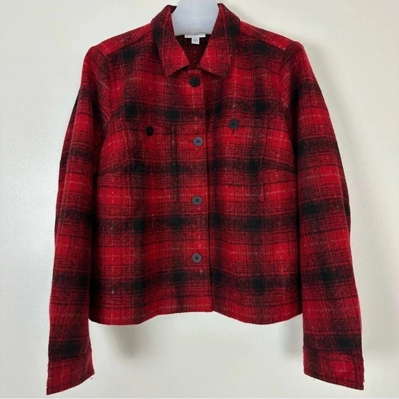 J. Jill Brushed Plaid Cropped Shacket Jacket‎ Large Scarlet Red Soft Cozy Fall - Picture 2 of 15